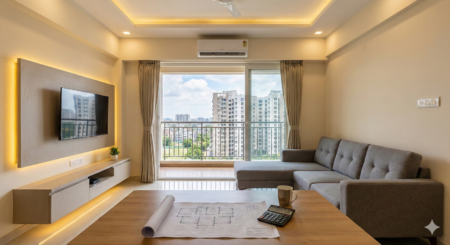 Low budget interior design ideas for flats in Kolkata with modern lighting and space saving furniture